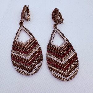 Vintage Beaded Goldtone Chevron Red White Clip Teardrop Dangle Earrings 3”
